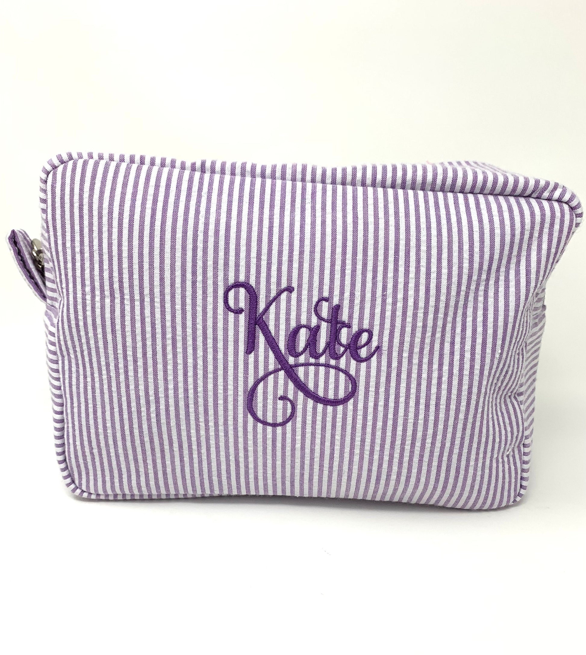 Purple Make Up Cosmetic Toiletry Bag, Pin Stripes, Seer Sucker Cotton, Personalized Gift, Embroidered Gift, Bridesmaid Gift,