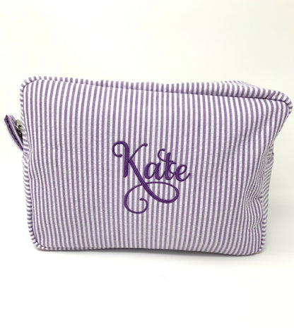 Purple Make Up Cosmetic Toiletry Bag, Pin Stripes, Seer Sucker Cotton, Personalized Gift, Embroidered Gift, Bridesmaid Gift,