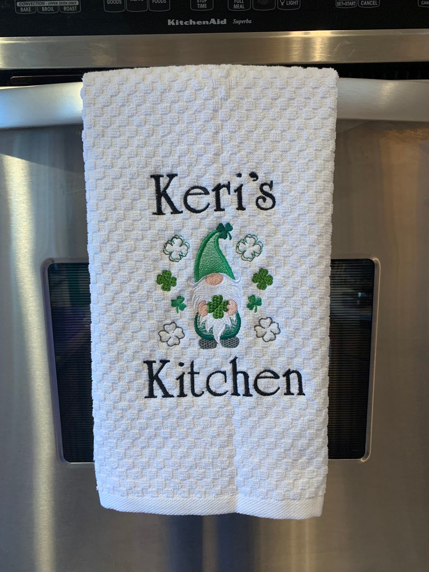 St. Patrick's Day Towel, White Kitchen Towel Gift, Gnome, Shamrocks, Clover, Personalized Gift, Embroidered Towel