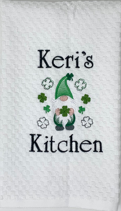 St. Patrick's Day Towel, White Kitchen Towel Gift, Gnome, Shamrocks, Clover, Personalized Gift, Embroidered Towel