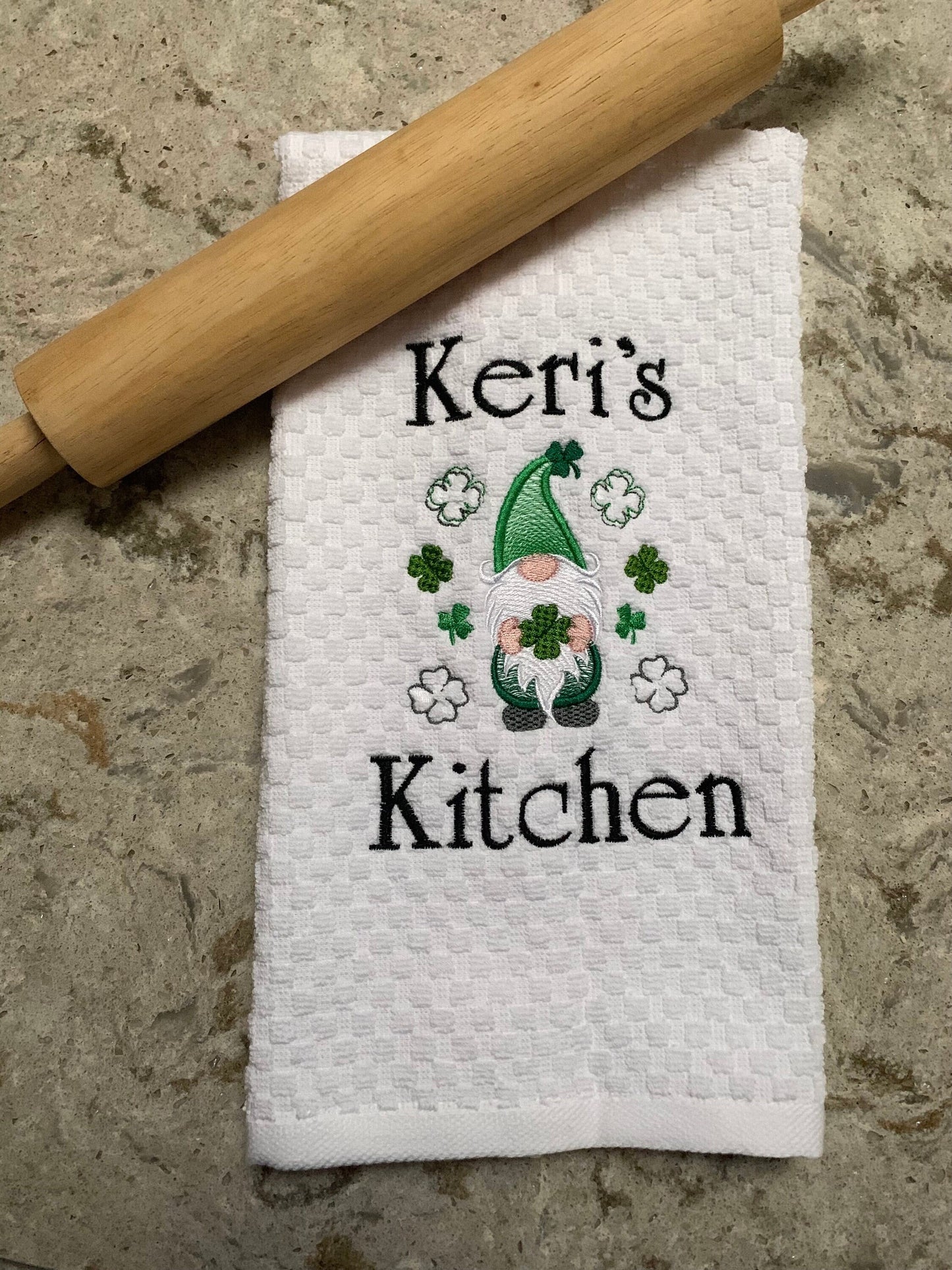 St. Patrick's Day Towel, White Kitchen Towel Gift, Gnome, Shamrocks, Clover, Personalized Gift, Embroidered Towel