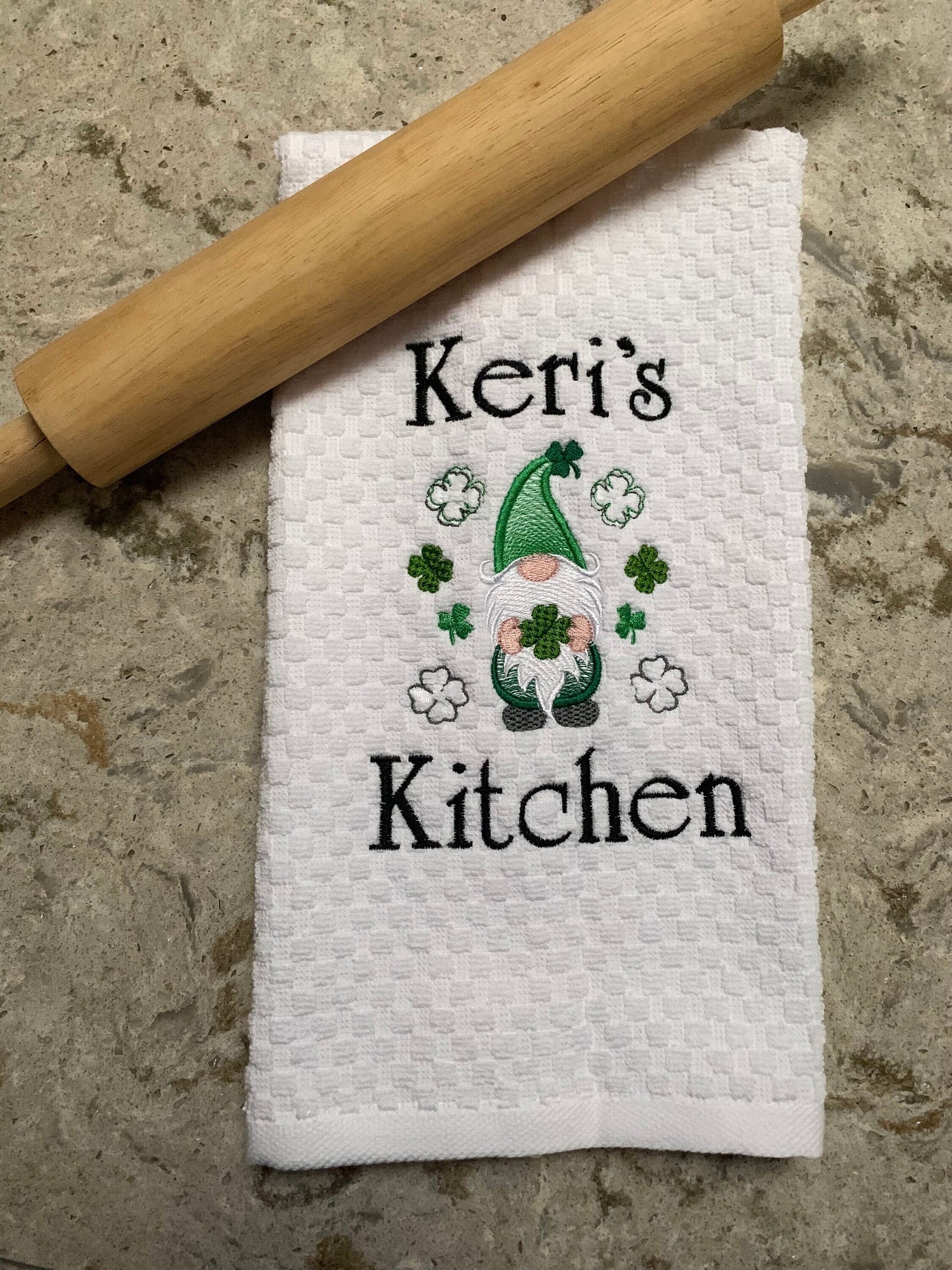 St. Patrick's Day Towel, White Kitchen Towel Gift, Gnome, Shamrocks, Clover, Personalized Gift, Embroidered Towel