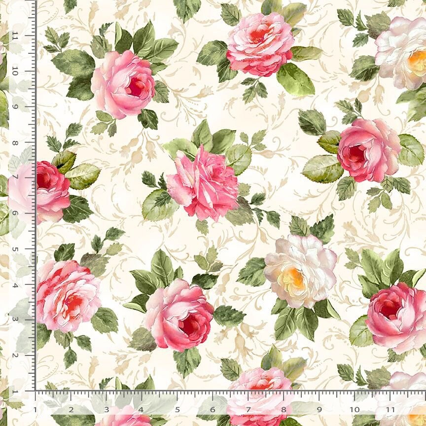 Rose Floral yardage, Romance, Pink, Cream, Green, Flowers, Botanicals, Blooms, Blossoms, Timeless Treasres, CD1720