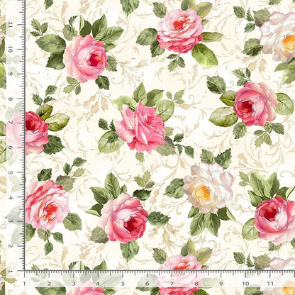 Rose Floral yardage, Romance, Pink, Cream, Green, Flowers, Botanicals, Blooms, Blossoms, Timeless Treasres, CD1720