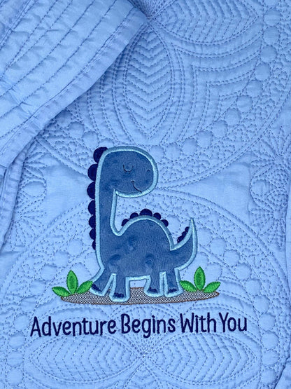 Blue Dinosaur Quilt, Personalized, Baby Dinosaur Blanket, Applique, Blue Quilt, Embroidered Name, Custom Baby Quilt
