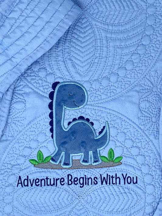 Blue Dinosaur Quilt, Personalized, Baby Dinosaur Blanket, Applique, Blue Quilt, Embroidered Name, Custom Baby Quilt