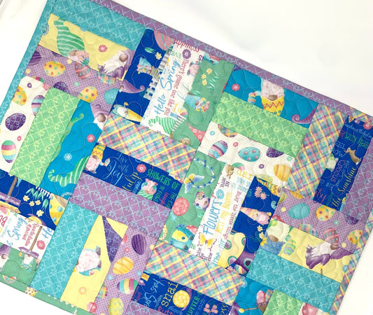 Easter Table Runner, Table Topper, Rectangular Quilt, Purple, Yellow, Gnomes, Eggs, Spring, Handmade Table Runner Quilt