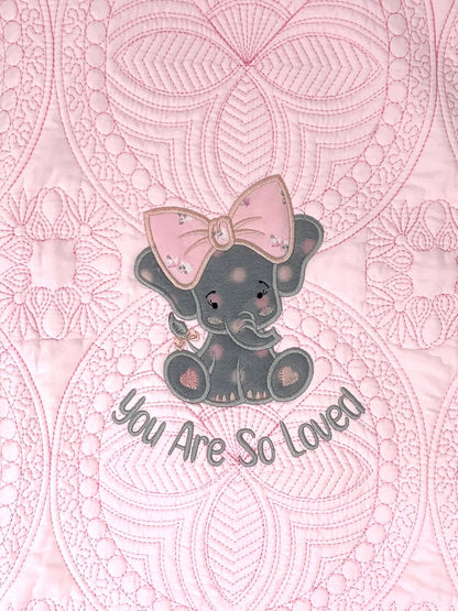 Elephant Baby Girl Quilt, Personalized, Applique, Baby Blanket, Scallop Pink Quilt, New Baby Gift, Embroidered Name, Custom Baby Quilt