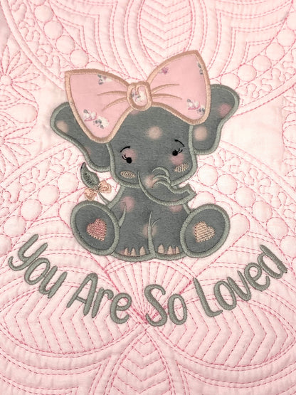 Elephant Baby Girl Quilt, Personalized, Applique, Baby Blanket, Scallop Pink Quilt, New Baby Gift, Embroidered Name, Custom Baby Quilt