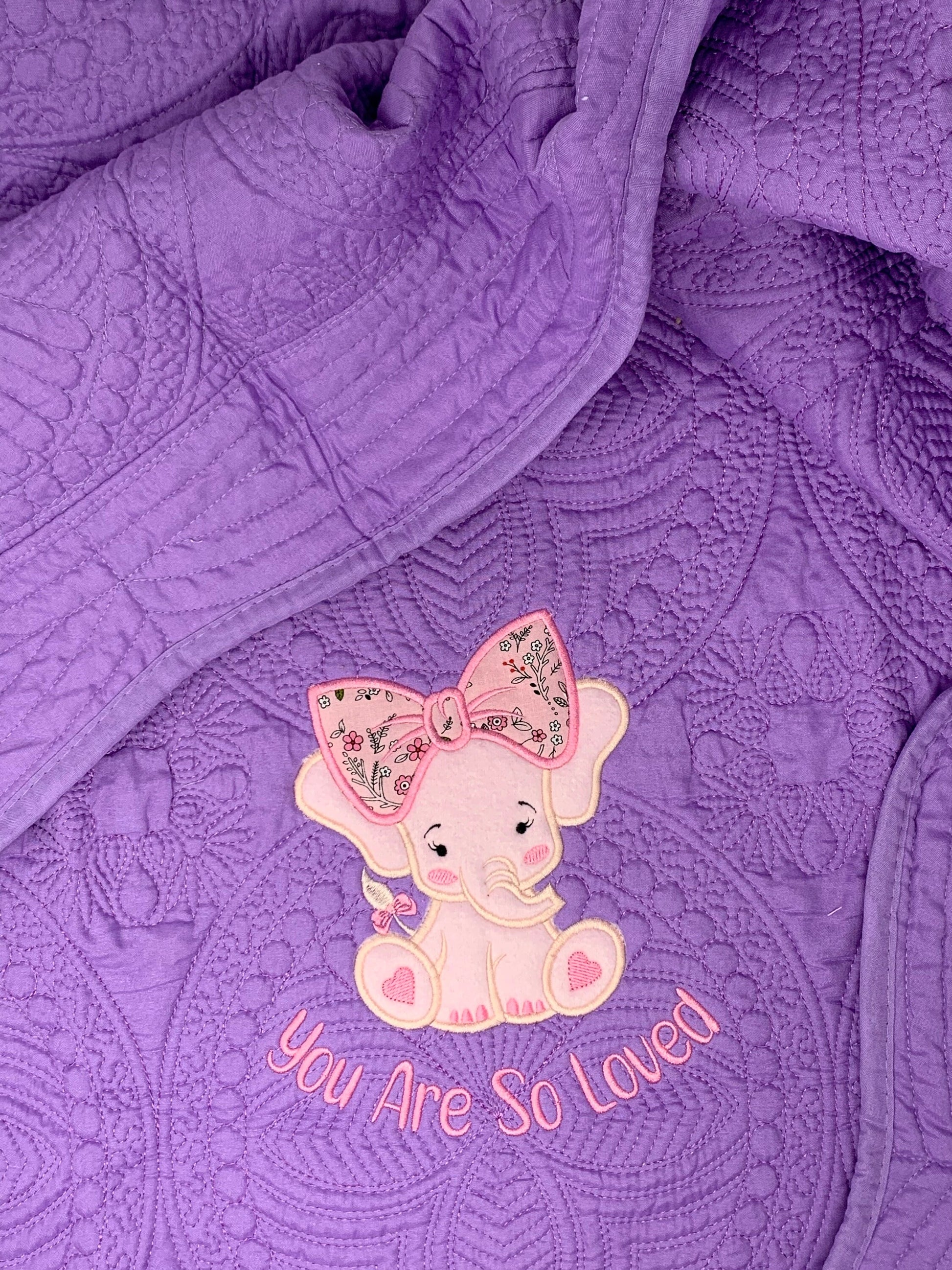 Elephant Baby Girl Quilt, Personalized, Applique, Baby Blanket, Scallop Purple Quilt, New Baby Gift, Embroidered Name, Custom Baby Quilt
