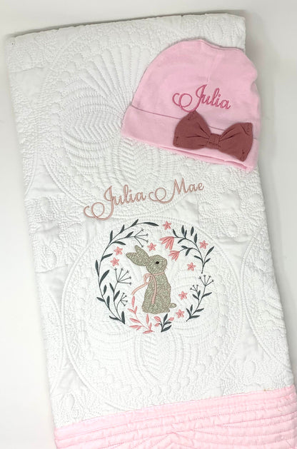 Bunny Baby Girl Quilt, Personalized, Baby Blanket, Pink Quilt, New Baby Gift, Embroidered Name, Custom Baby Quilt, Baby's Name