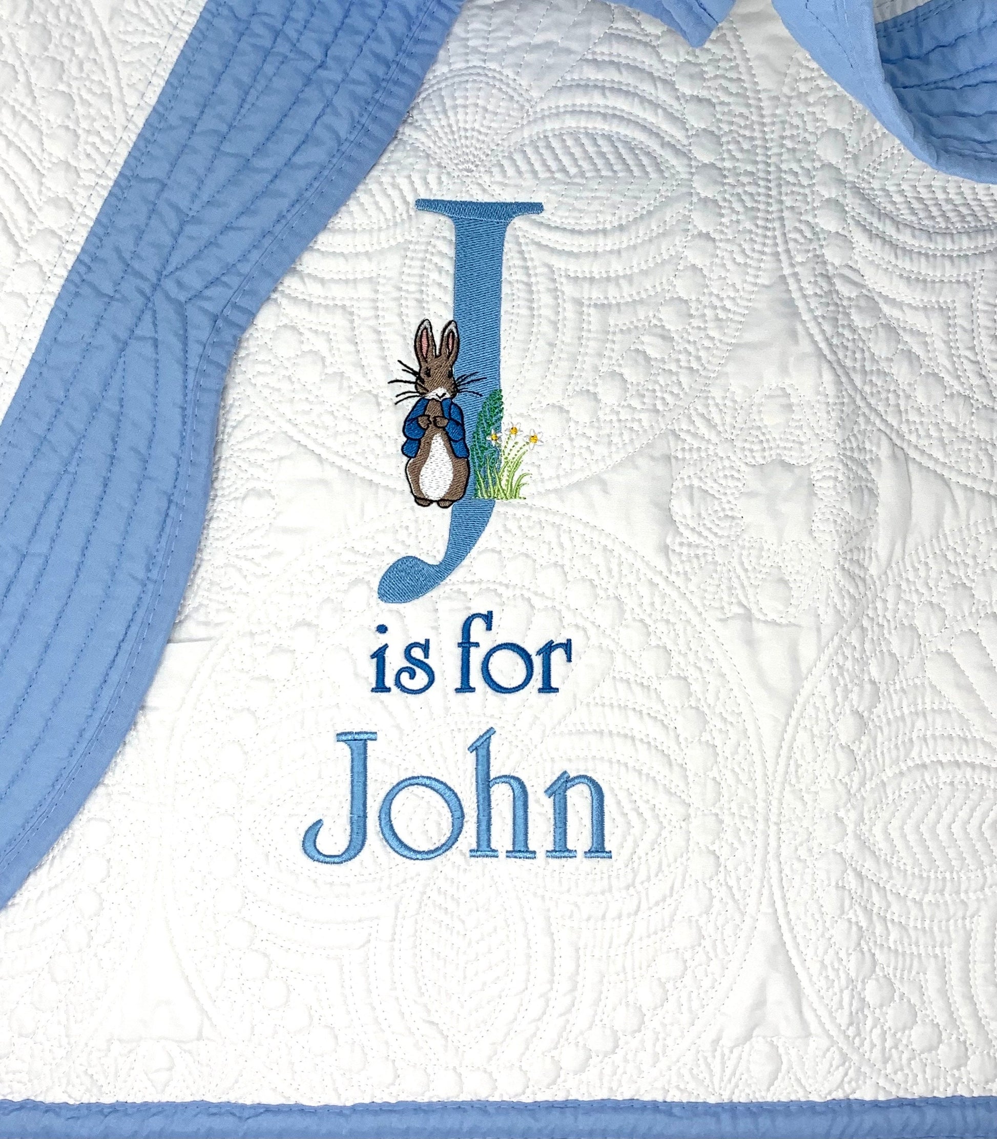 Bunny Baby Boy Quilt, Personalized, Baby Blanket, Blue Quilt, New Baby Gift, Embroidered Name, Custom Baby Quilt, Baby's Name