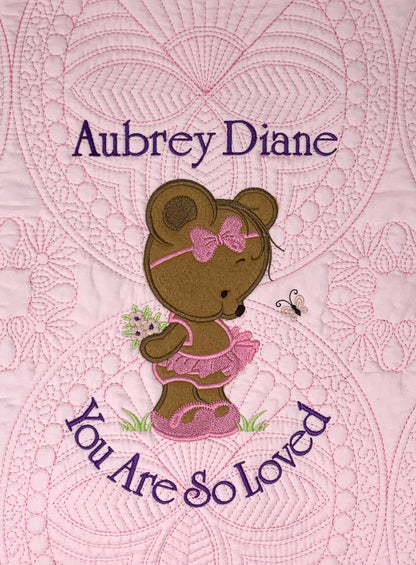 Baby Girl Quilt, Personalized, Applique Bear, Ballet Baby Blanket, Pink Quilt, New Baby Gift, Embroidered Name, Custom Baby Quilt