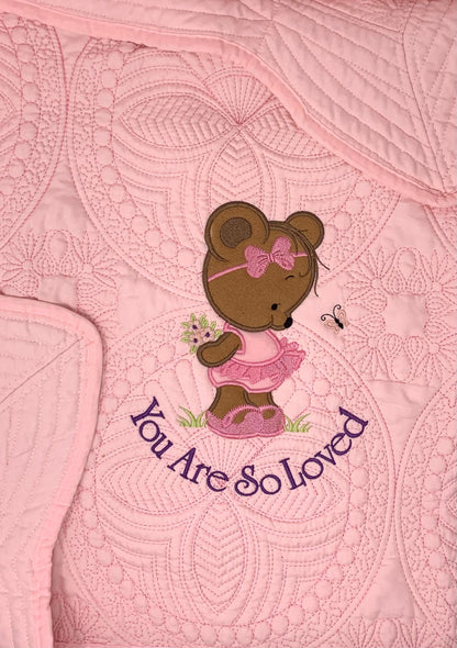 Baby Girl Quilt, Personalized, Applique Bear, Ballet Baby Blanket, Pink Quilt, New Baby Gift, Embroidered Name, Custom Baby Quilt