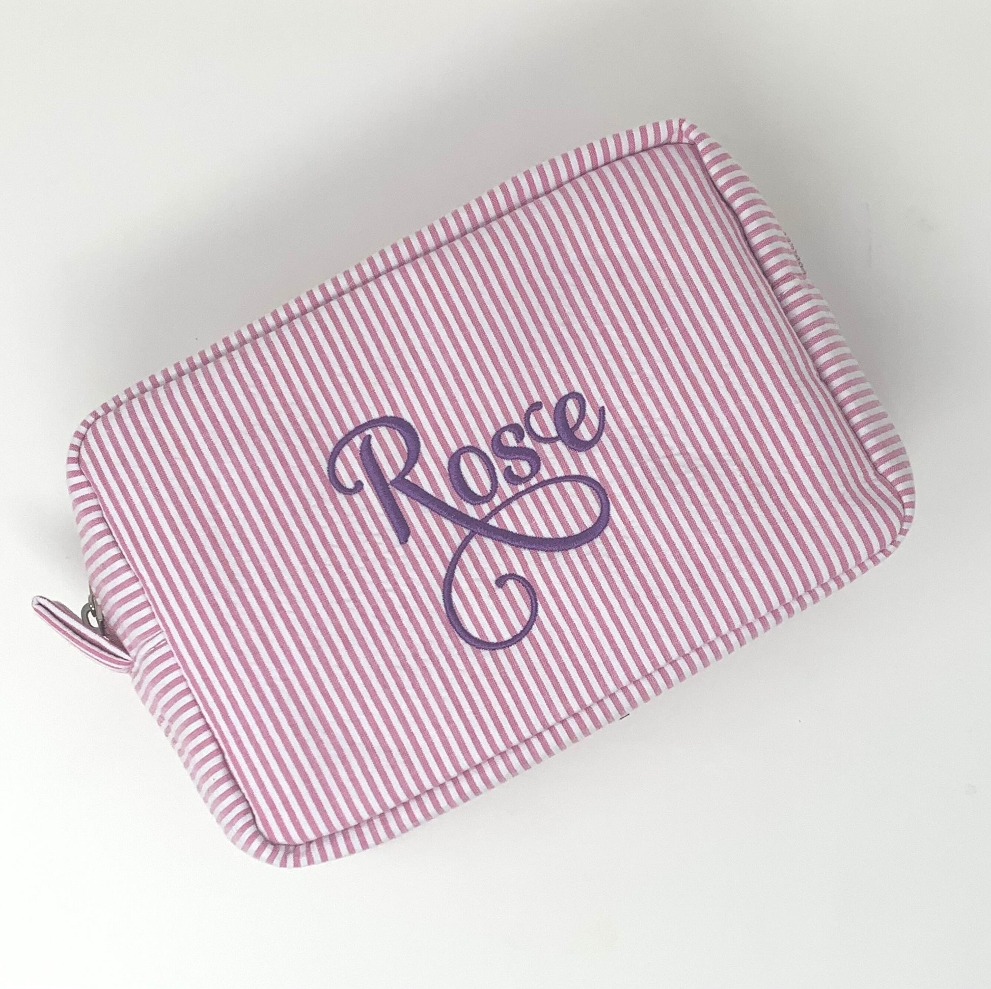 Pink Make Up Cosmetic Toiletry Bag, Pin Stripes, Seer Sucker Cotton, Personalized Gift, Embroidered Gift, Bridesmaid Gift,