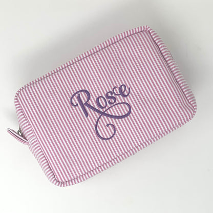 Pink Make Up Cosmetic Toiletry Bag, Pin Stripes, Seer Sucker Cotton, Personalized Gift, Embroidered Gift, Bridesmaid Gift,