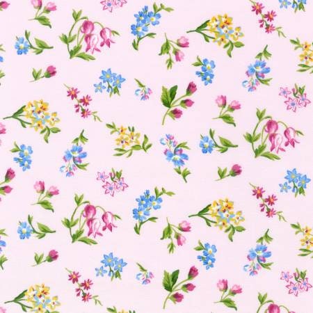 Pink Floral Yardage, Flower Sprigs, Serene, Robert Kaufman, Pink, Green, rk-20746-10