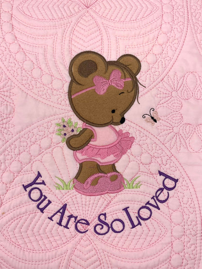Baby Girl Quilt, Personalized, Applique Bear, Ballet Baby Blanket, Pink Quilt, New Baby Gift, Embroidered Name, Custom Baby Quilt