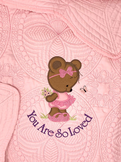 Baby Girl Quilt, Personalized, Applique Bear, Ballet Baby Blanket, Pink Quilt, New Baby Gift, Embroidered Name, Custom Baby Quilt