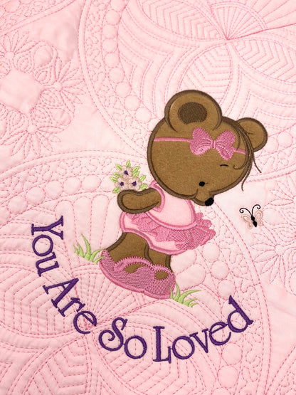 Baby Girl Quilt, Personalized, Applique Bear, Ballet Baby Blanket, Pink Quilt, New Baby Gift, Embroidered Name, Custom Baby Quilt