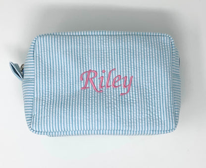 Aqua Light Blue Make Up Cosmetic Toiletry Bag, Pin Stripes, Seer Sucker Cotton, Personalized Gift, Embroidered Gift, Bridesmaid Gift