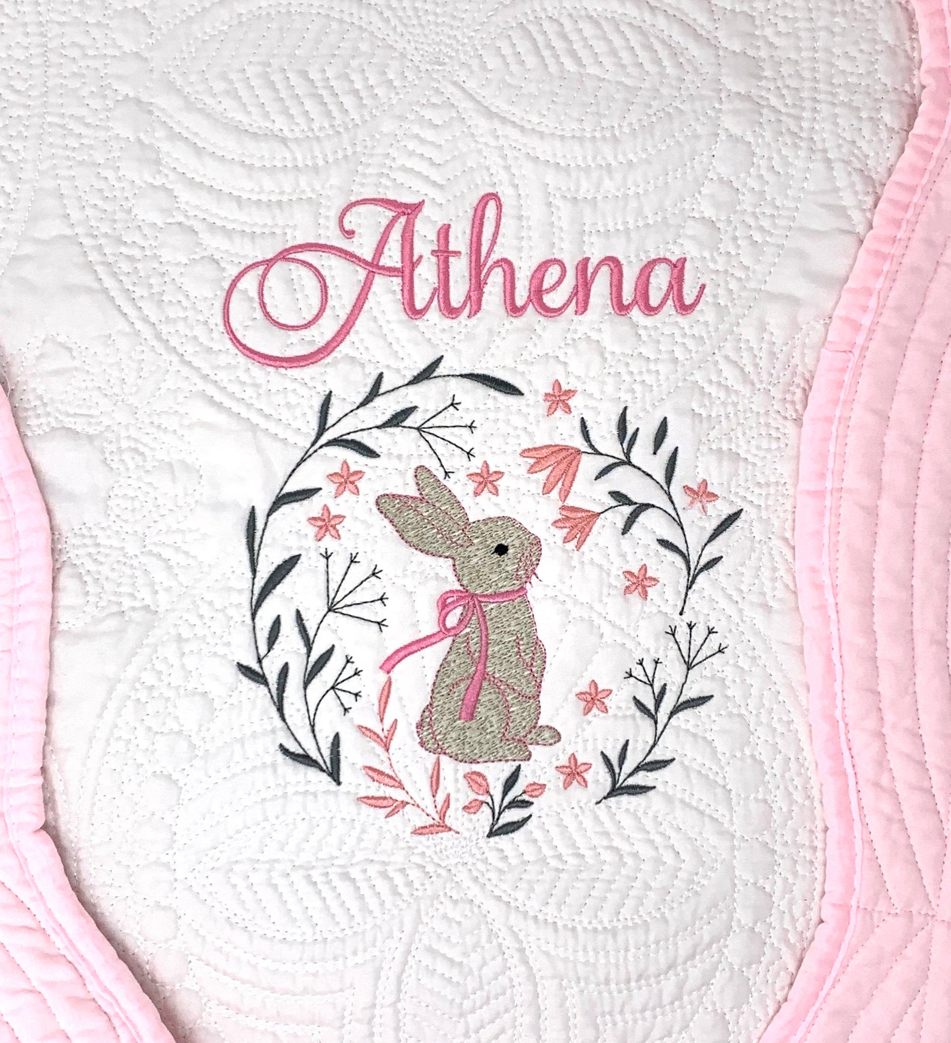 Bunny Baby Girl Quilt, Personalized, Baby Blanket, Pink Quilt, New Baby Gift, Embroidered Name, Custom Baby Quilt, Baby's Name