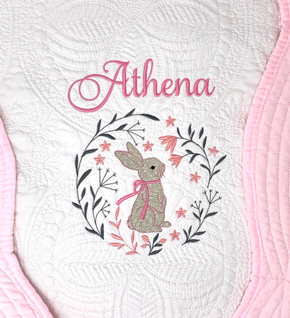 Bunny Baby Girl Quilt, Personalized, Baby Blanket, Pink Quilt, New Baby Gift, Embroidered Name, Custom Baby Quilt, Baby's Name