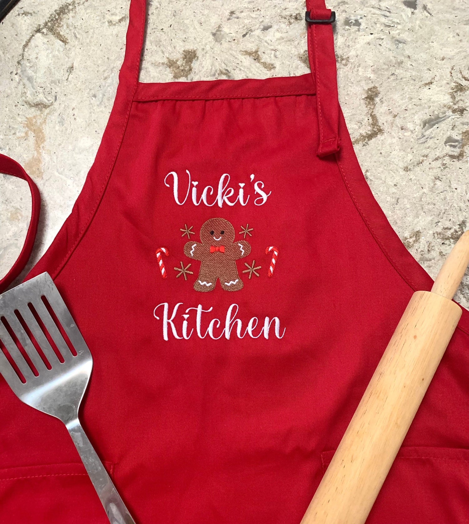 Christmas Gingerbread Apron, Red Apron, Embroidered, Personalized, Kitchen Apron