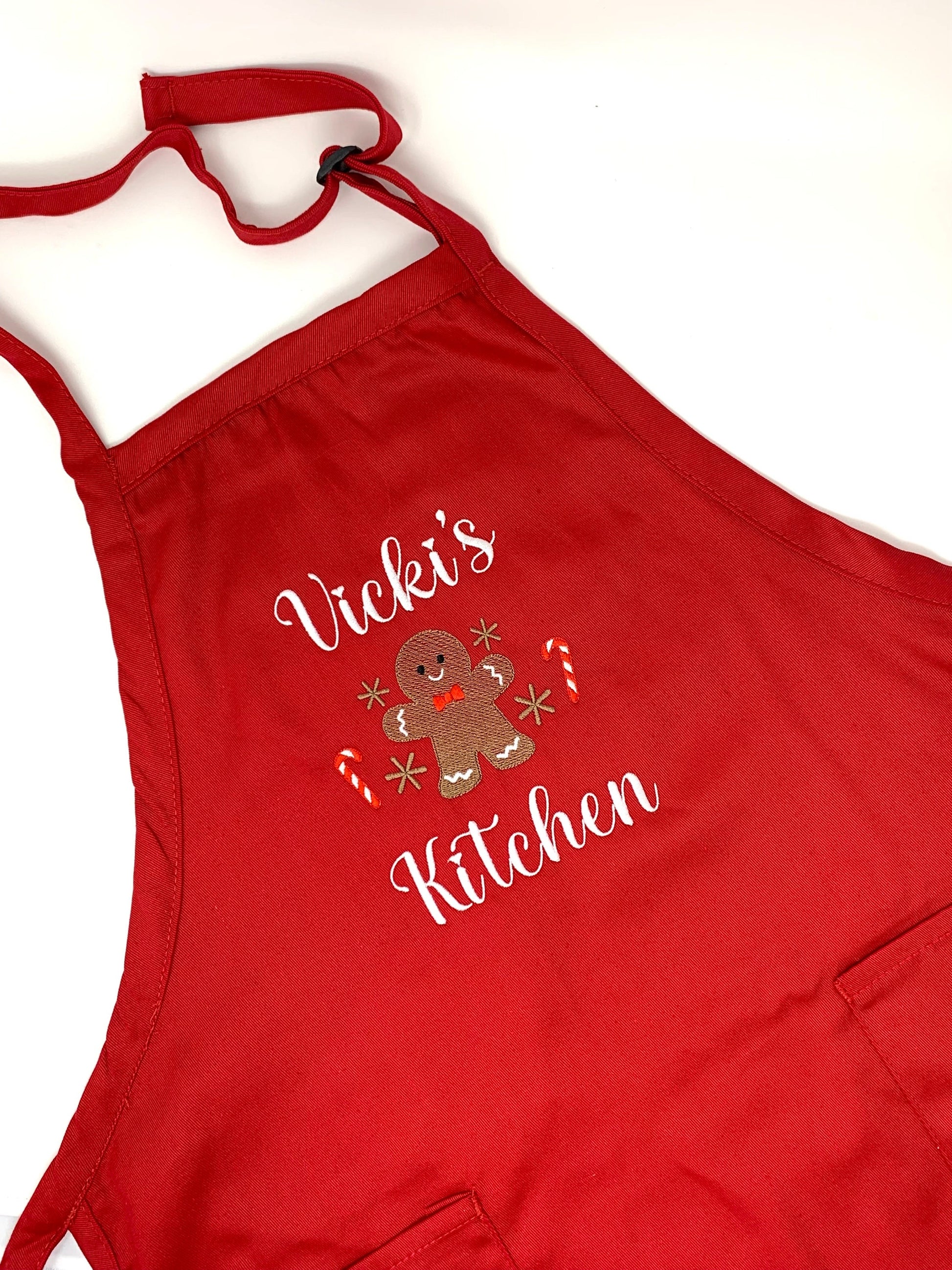 Christmas Gingerbread Apron, Red Apron, Embroidered, Personalized, Kitchen Apron