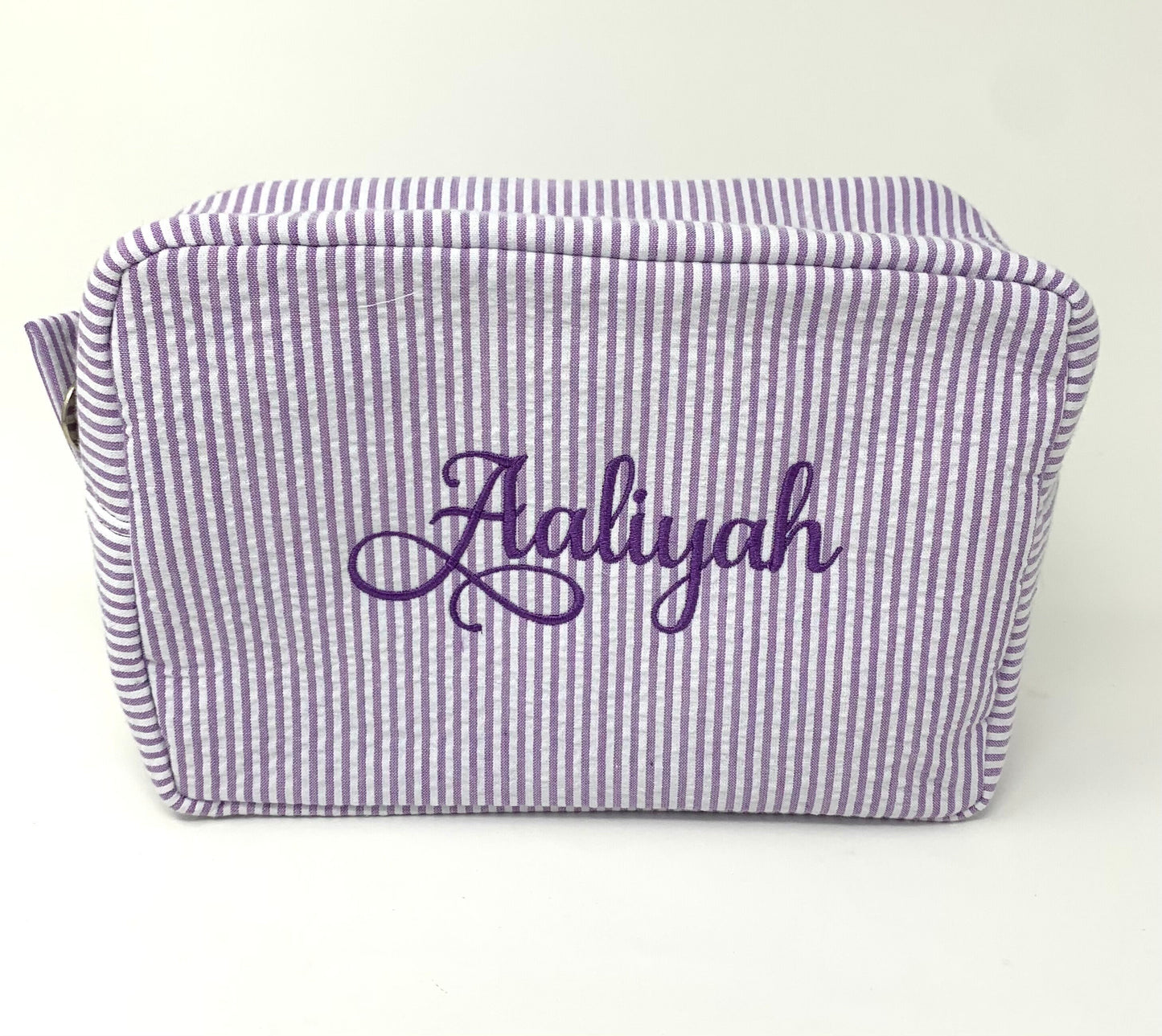 Purple Make Up Cosmetic Toiletry Bag, Pin Stripes, Seer Sucker Cotton, Personalized Gift, Embroidered Gift, Bridesmaid Gift,