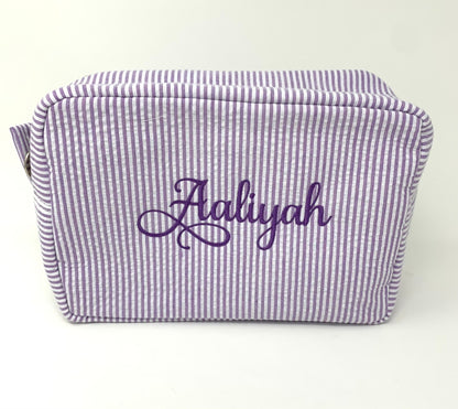 Purple Make Up Cosmetic Toiletry Bag, Pin Stripes, Seer Sucker Cotton, Personalized Gift, Embroidered Gift, Bridesmaid Gift,