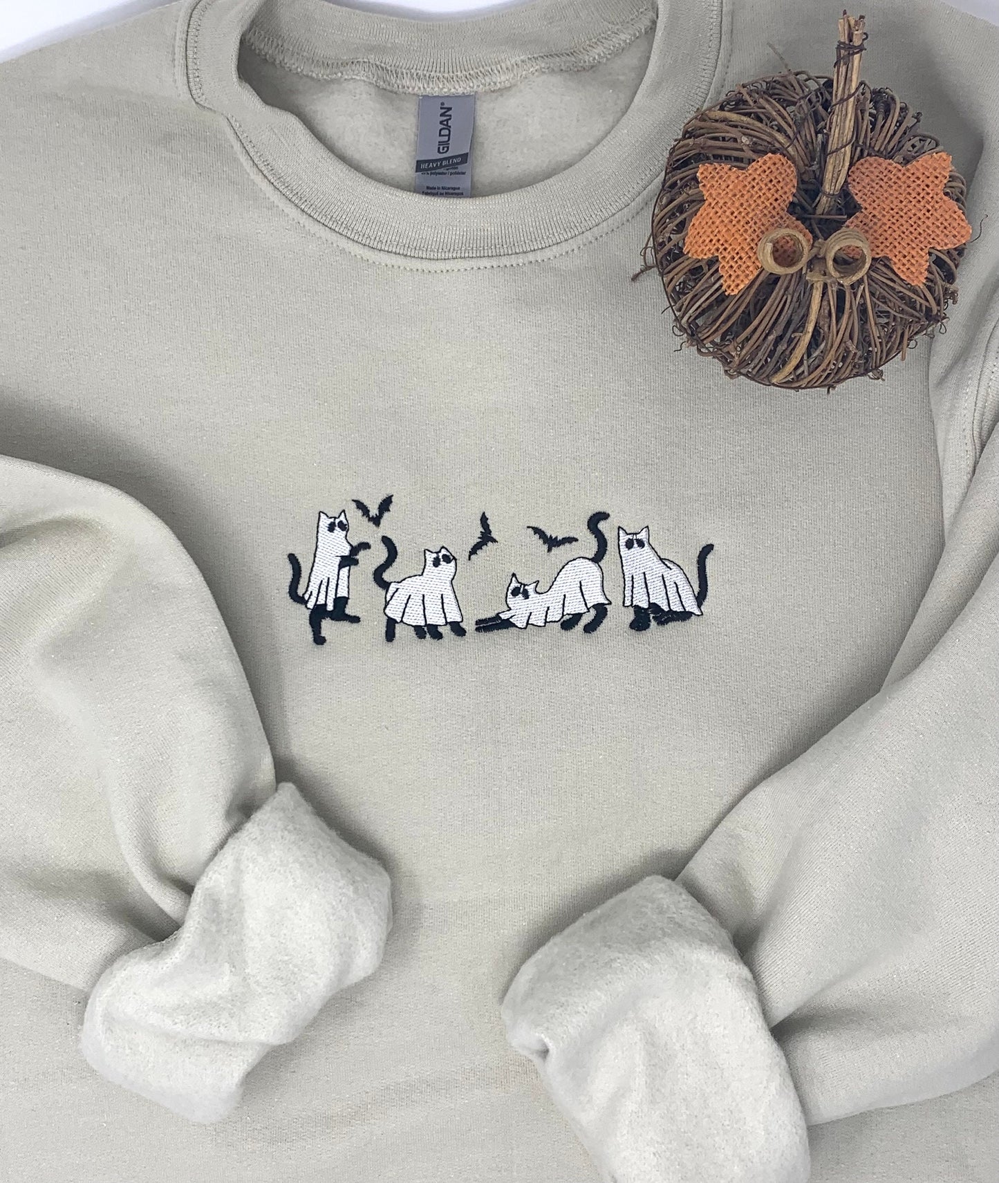 Halloween Sweatshirt, Embroidered Ghost Cats, Beige Sand or Black Sweatshirt