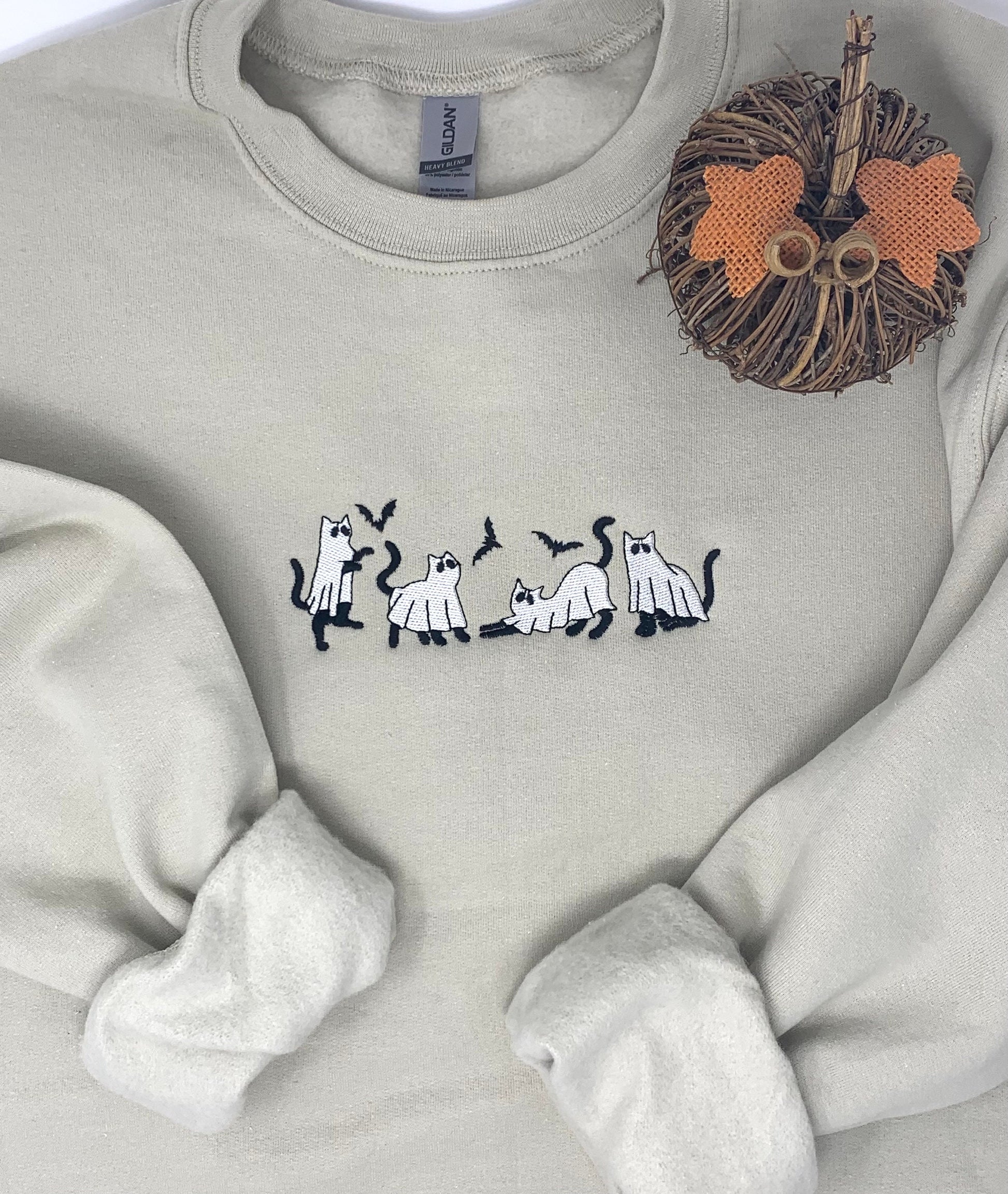 Halloween Sweatshirt, Embroidered Ghost Cats, Beige Sand or Black Sweatshirt