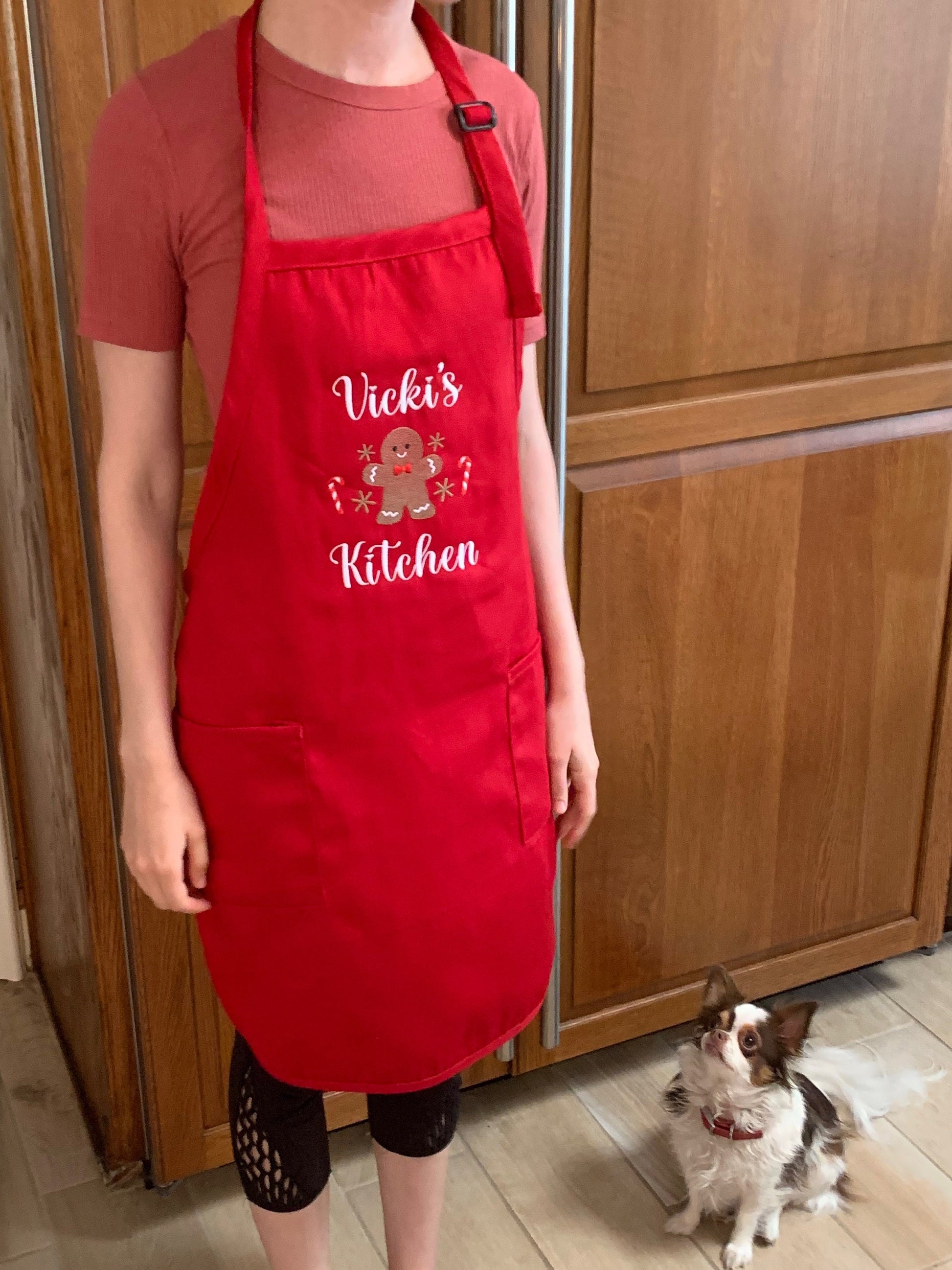 Christmas Gingerbread Apron, Red Apron, Embroidered, Personalized, Kitchen Apron