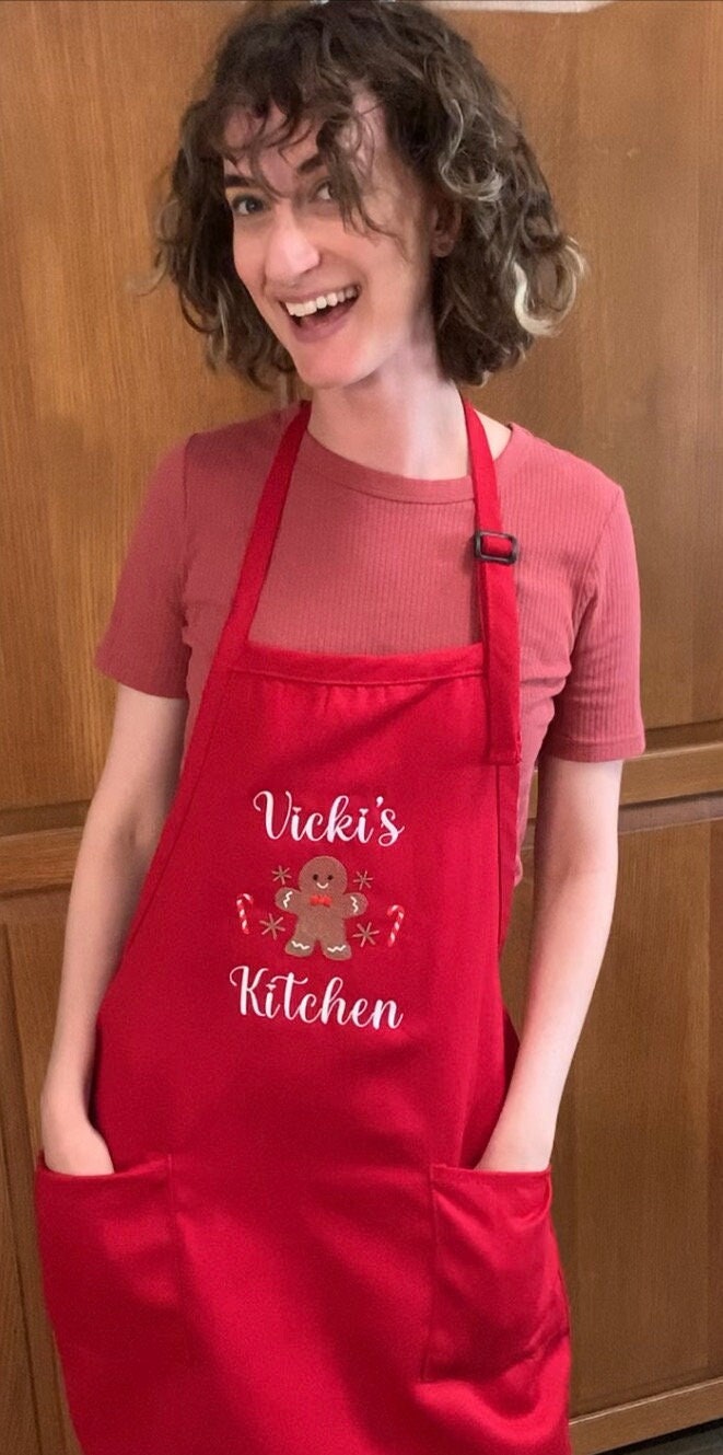 Christmas Gingerbread Apron, Red Apron, Embroidered, Personalized, Kitchen Apron