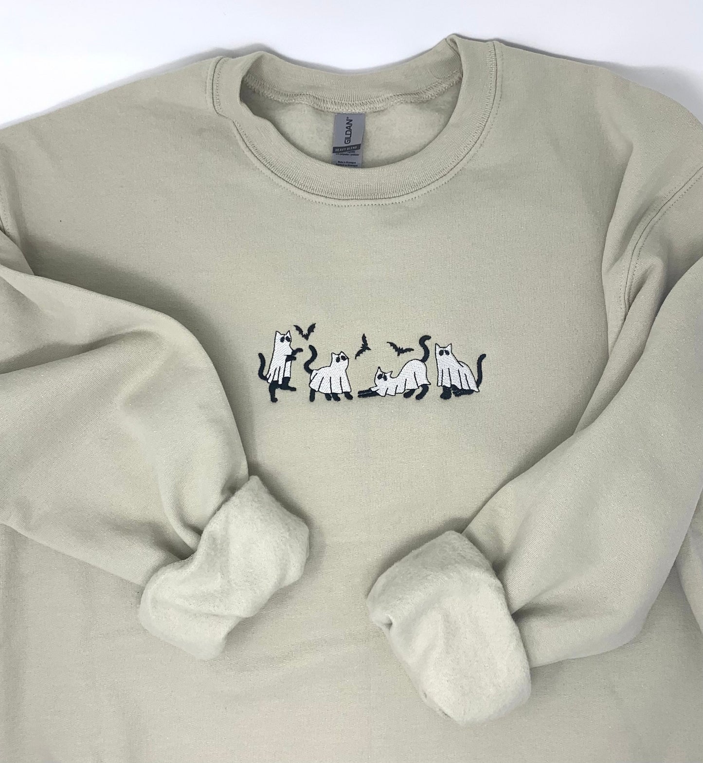 Halloween Sweatshirt, Embroidered Ghost Cats, Beige Sand or Black Sweatshirt