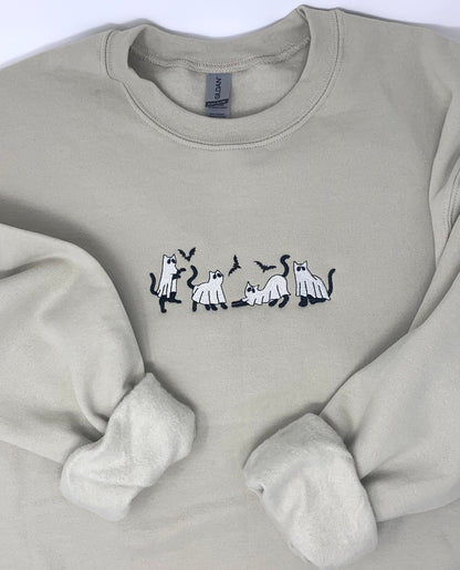 Halloween Sweatshirt, Embroidered Ghost Cats, Beige Sand or Black Sweatshirt