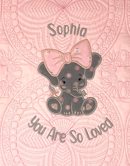Elephant Baby Girl Quilt, Personalized, Applique, Baby Blanket, Scallop Pink Quilt, New Baby Gift, Embroidered Name, Custom Baby Quilt