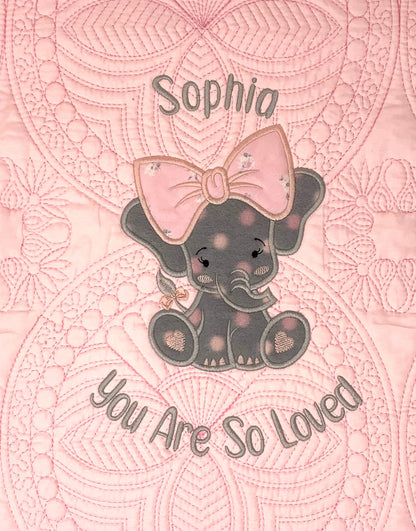 Elephant Baby Girl Quilt, Personalized, Applique, Baby Blanket, Scallop Pink Quilt, New Baby Gift, Embroidered Name, Custom Baby Quilt