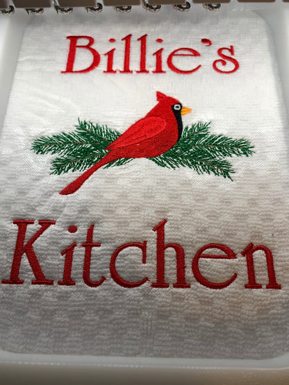Personalized Christmas Towel, Red Cardinal Kitchen Towel Gift, Christmas Gift, Red Bird Towel, Personalized Gift, Embroidered Towel