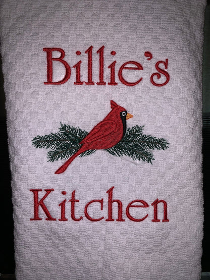 Personalized Christmas Towel, Red Cardinal Kitchen Towel Gift, Christmas Gift, Red Bird Towel, Personalized Gift, Embroidered Towel