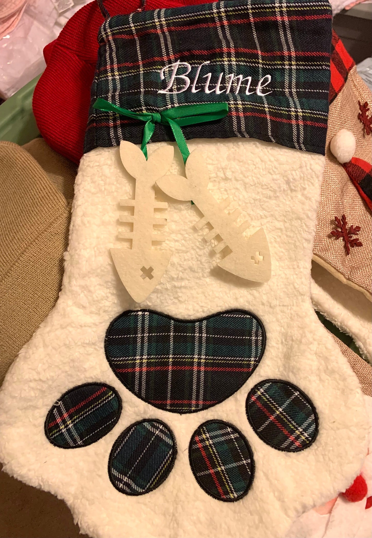 Personalized Pet Christmas Stocking - Dog, Cat, Plaid, Red, Green