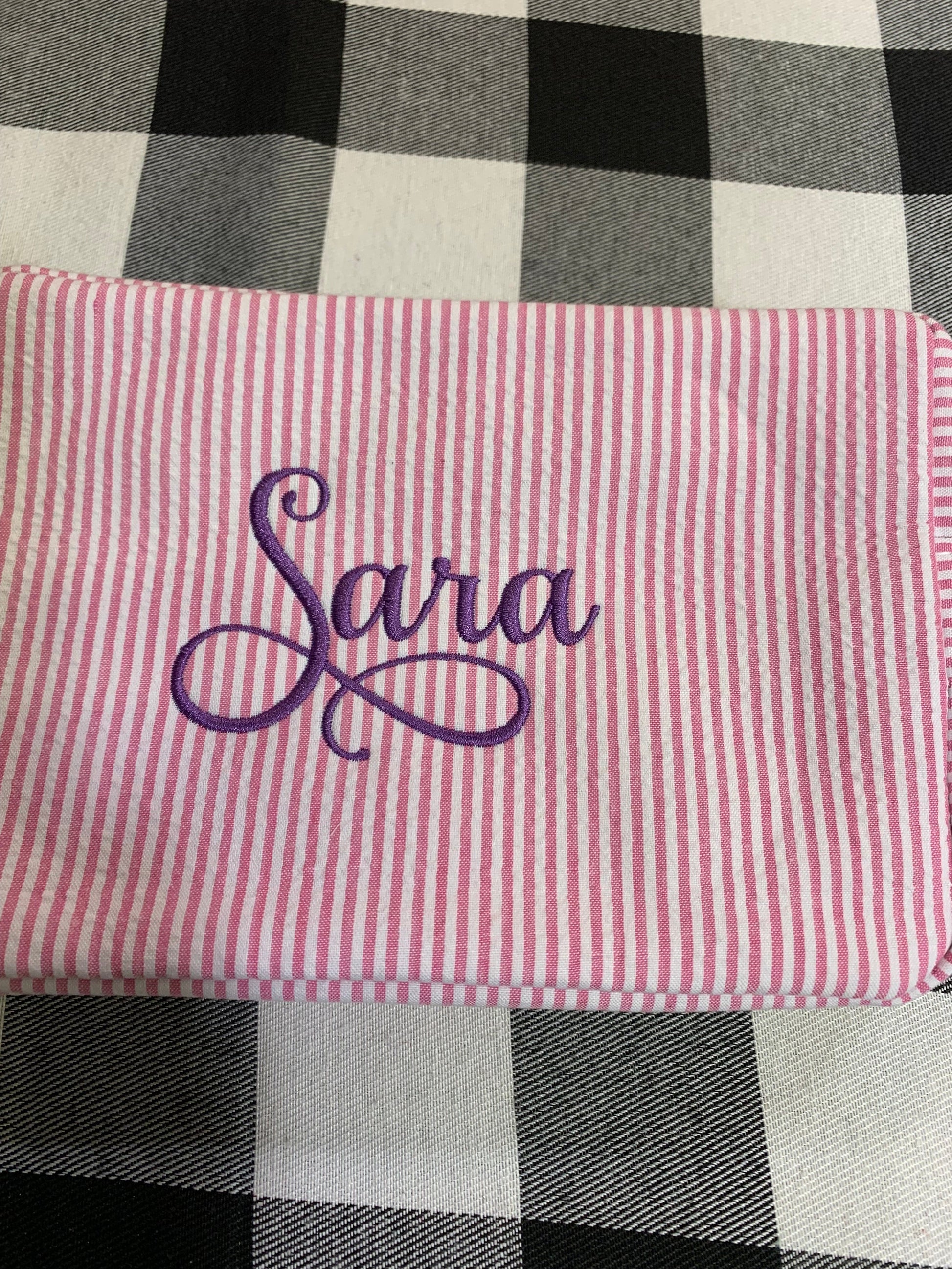 Pink Make Up Cosmetic Toiletry Bag, Pin Stripes, Seer Sucker Cotton, Personalized Gift, Embroidered Gift, Bridesmaid Gift,
