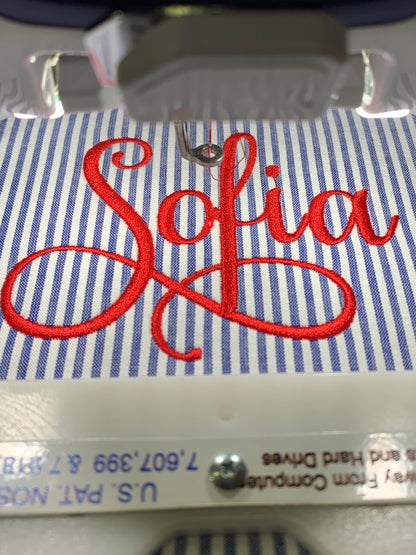 Blue Make Up Cosmetic Toiletry Bag, Pin Stripes, Seer Sucker Cotton, Personalized Gift, Embroidered Gift, Bridesmaid Gift,