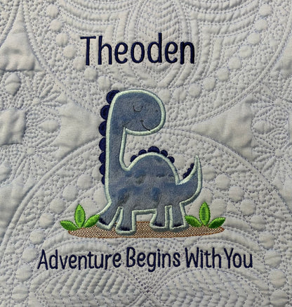 Blue Dinosaur Quilt, Personalized, Baby Dinosaur Blanket, Applique, Blue Quilt, Embroidered Name, Custom Baby Quilt