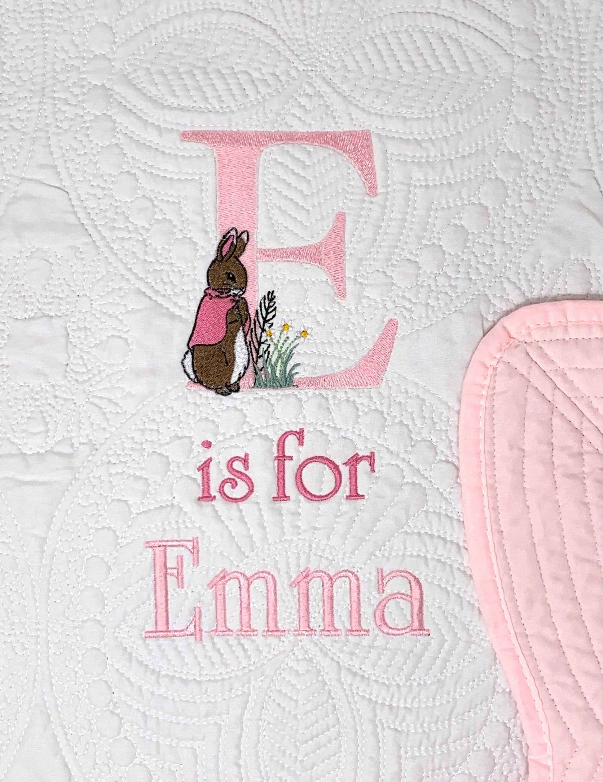 Bunny Baby Girl Quilt, Personalized, Baby Blanket, Pink Quilt, New Baby Gift, Embroidered Name, Custom Baby Quilt, Baby's Name
