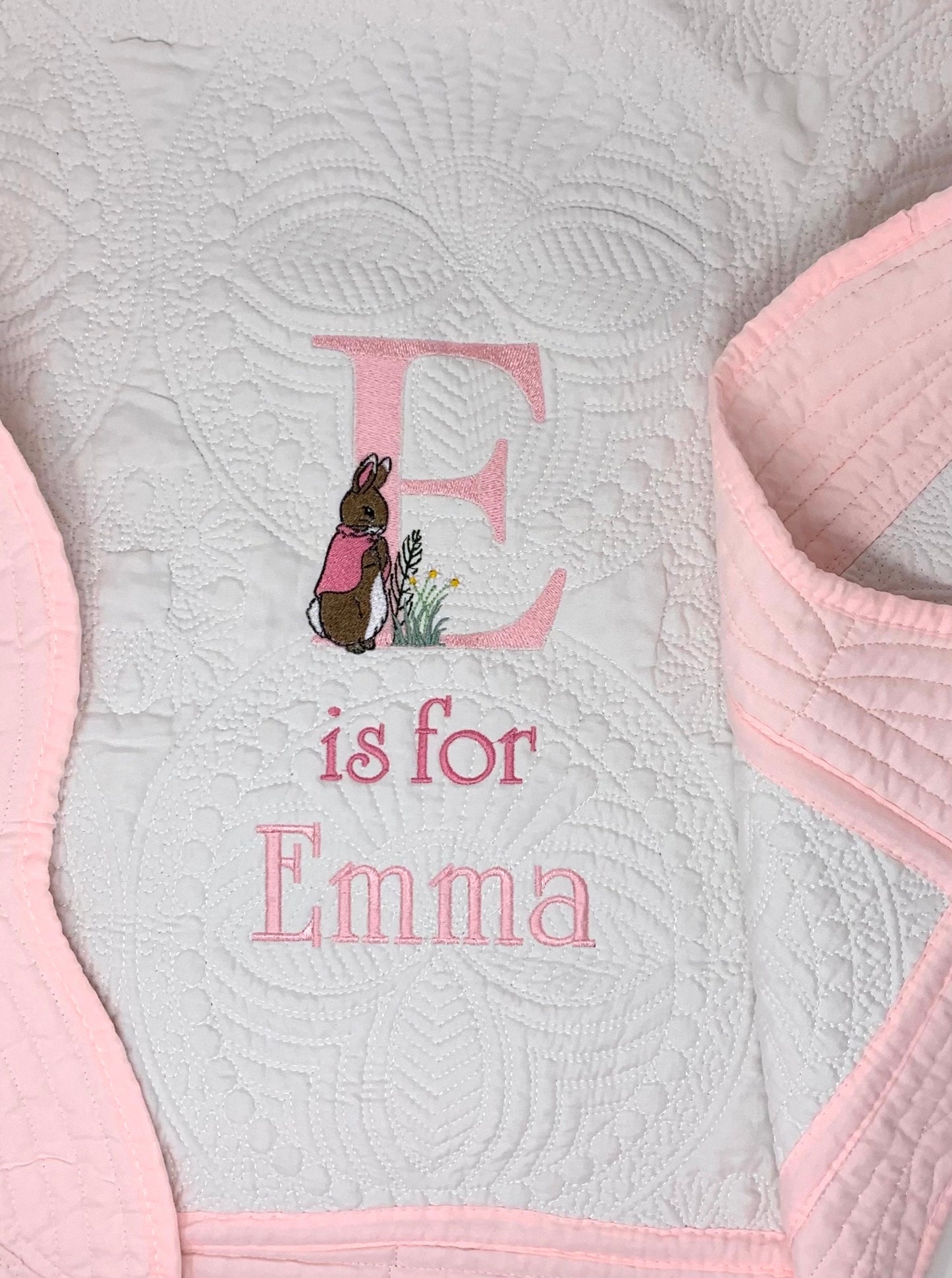 Bunny Baby Girl Quilt, Personalized, Baby Blanket, Pink Quilt, New Baby Gift, Embroidered Name, Custom Baby Quilt, Baby's Name