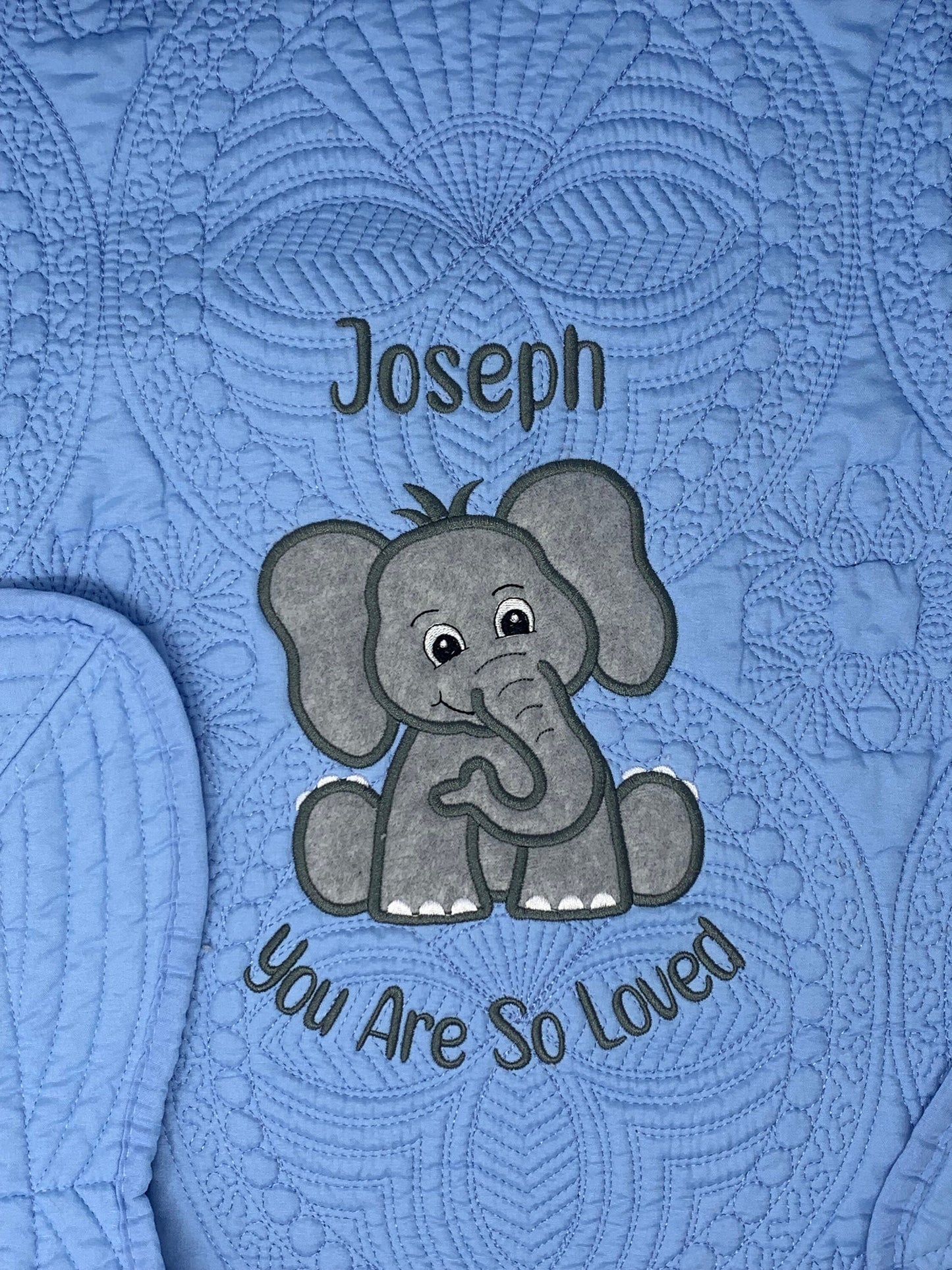 Blue Elephant Quilt, Personalized, Baby Elephant Blanket, Applique, Blue Quilt, Embroidered Name, Custom Baby Quilt
