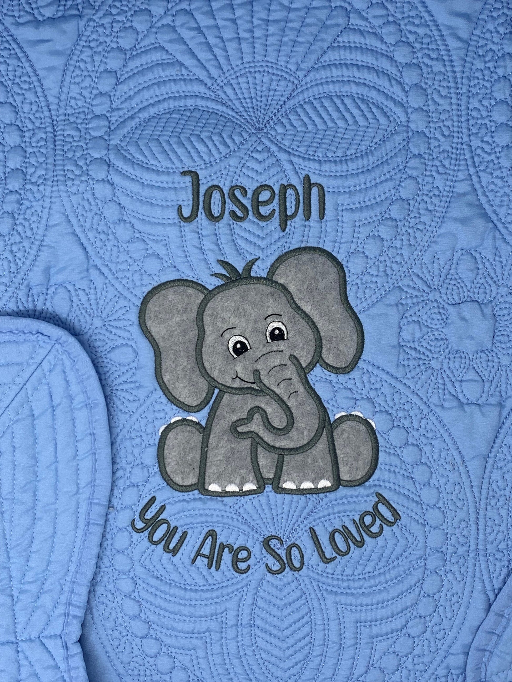 Blue Elephant Quilt, Personalized, Baby Elephant Blanket, Applique, Blue Quilt, Embroidered Name, Custom Baby Quilt