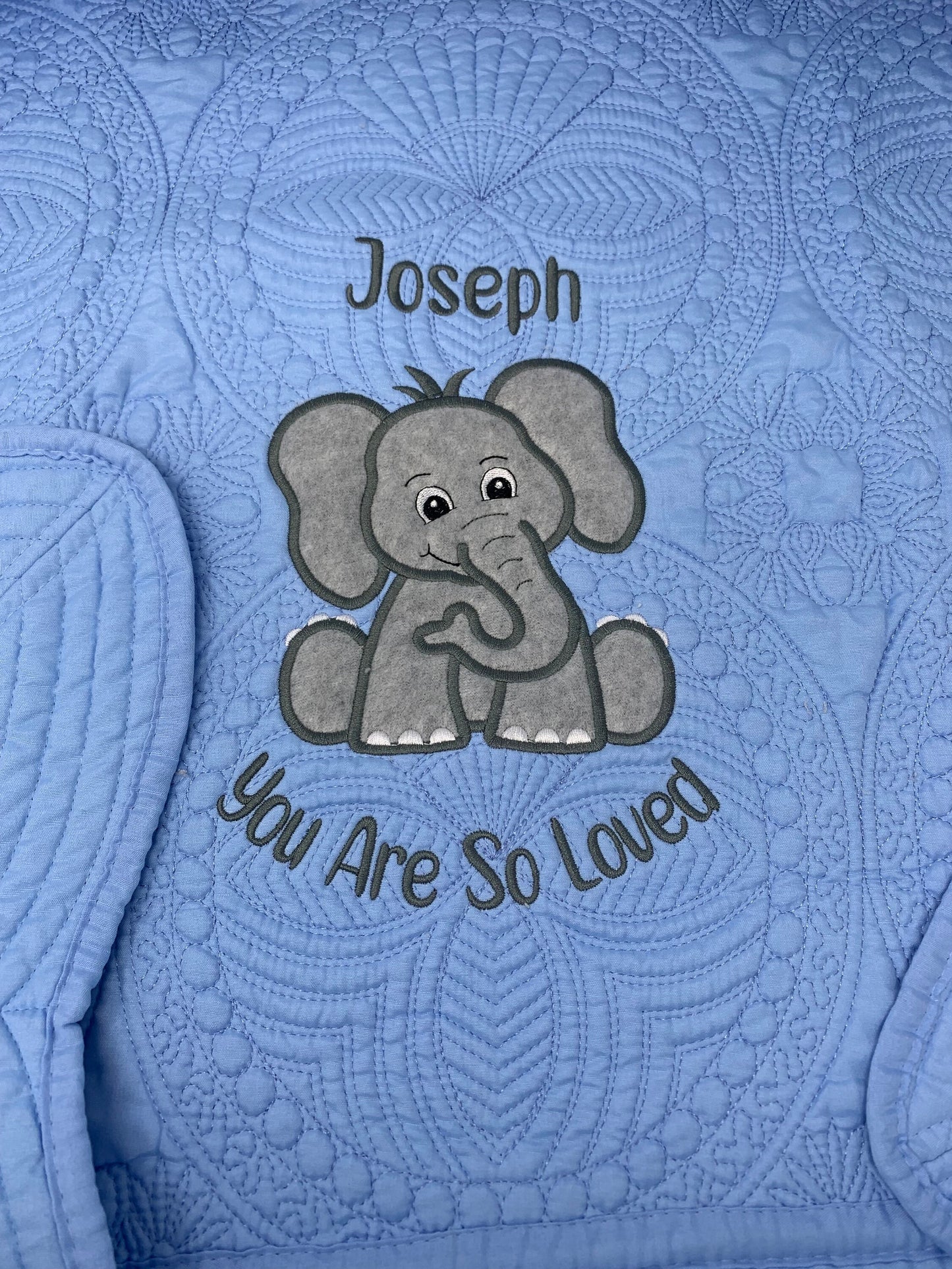 Blue Elephant Quilt, Personalized, Baby Elephant Blanket, Applique, Blue Quilt, Embroidered Name, Custom Baby Quilt